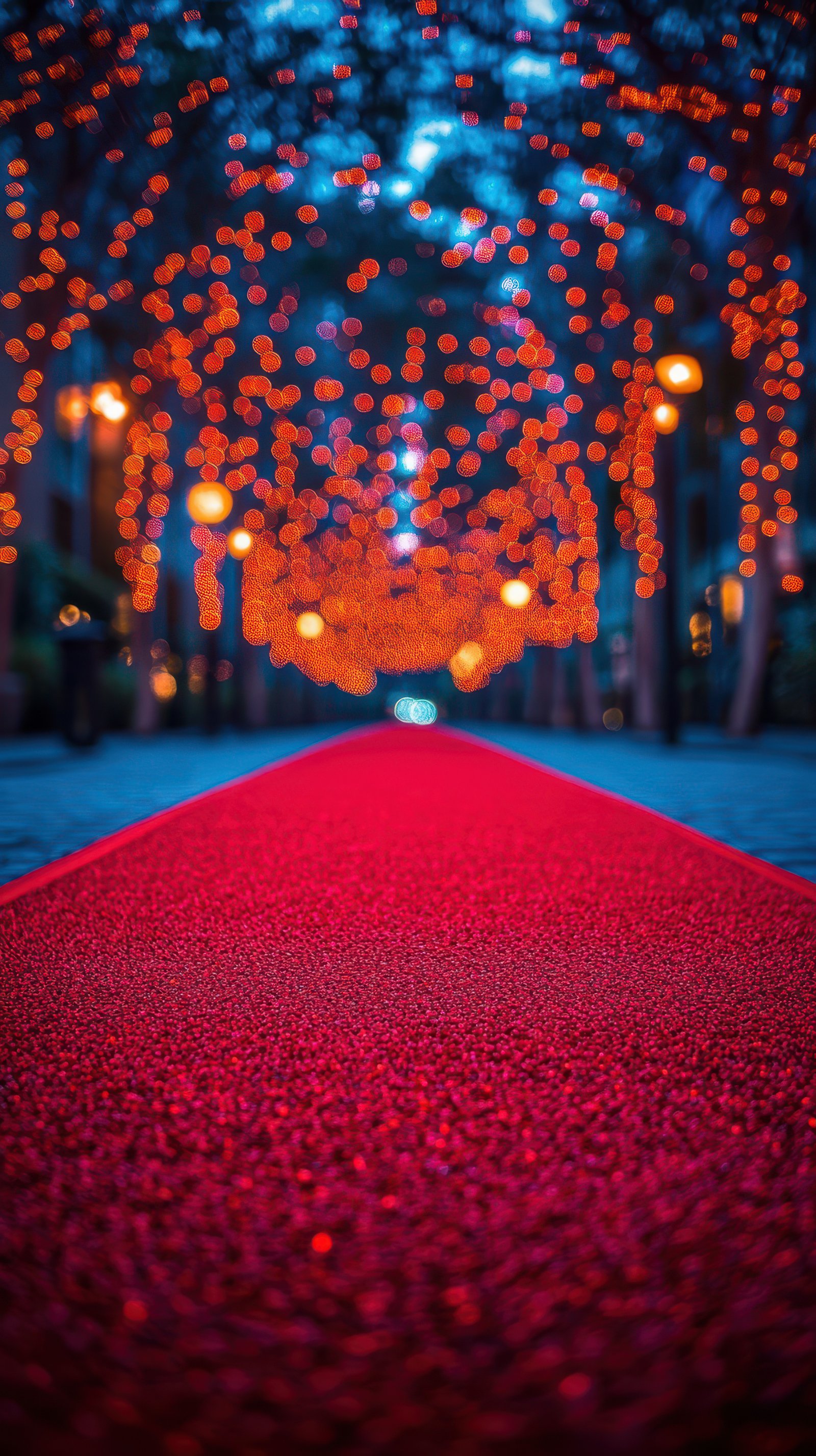 Vibrant red carpet leading through a beautifully lit path at night during a festive celebration
